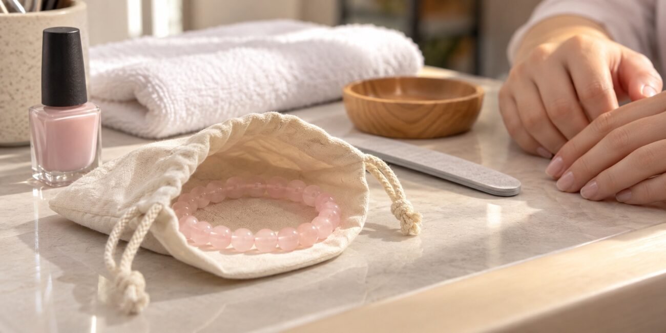 Pink gemstone bracelet resting in an open cream fabric pouch beside a plain nail polish bottle and file at a manicure table
