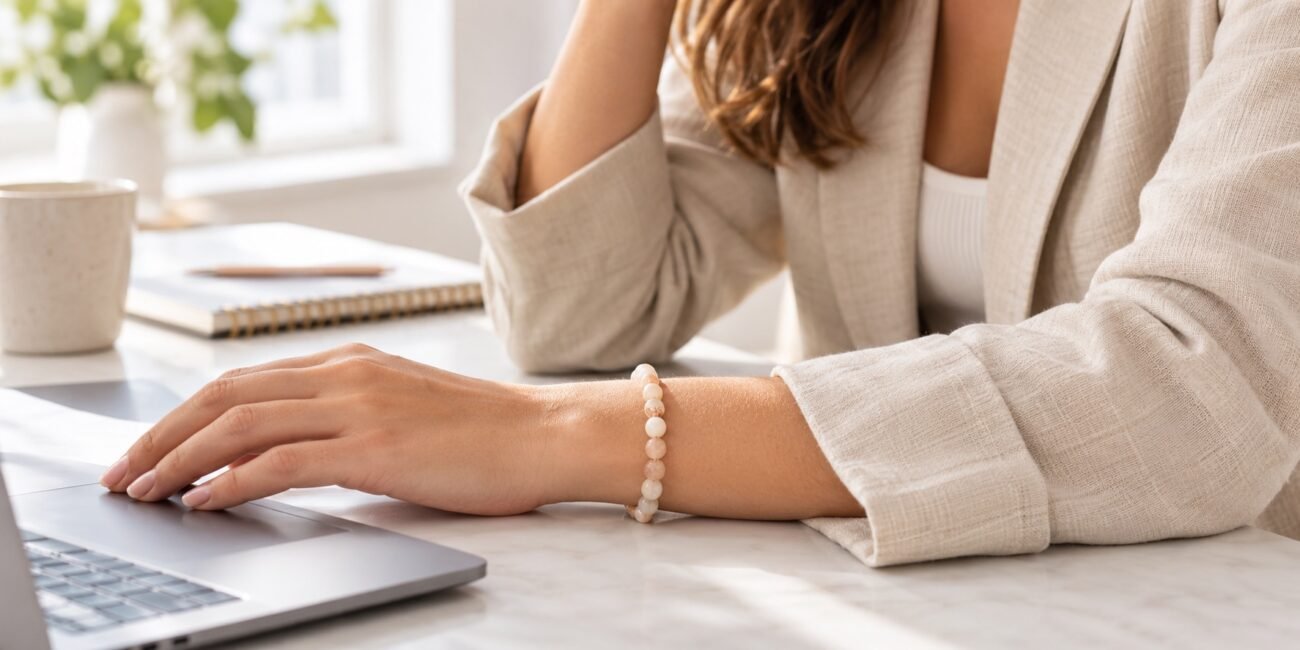 Pale peach gemstone bracelet worn below the sleeve of a beige lightweight blazer at a desk