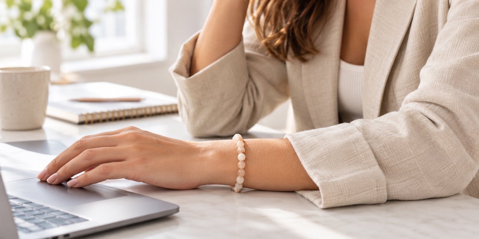 Pale peach gemstone bracelet worn below the sleeve of a beige lightweight blazer at a desk