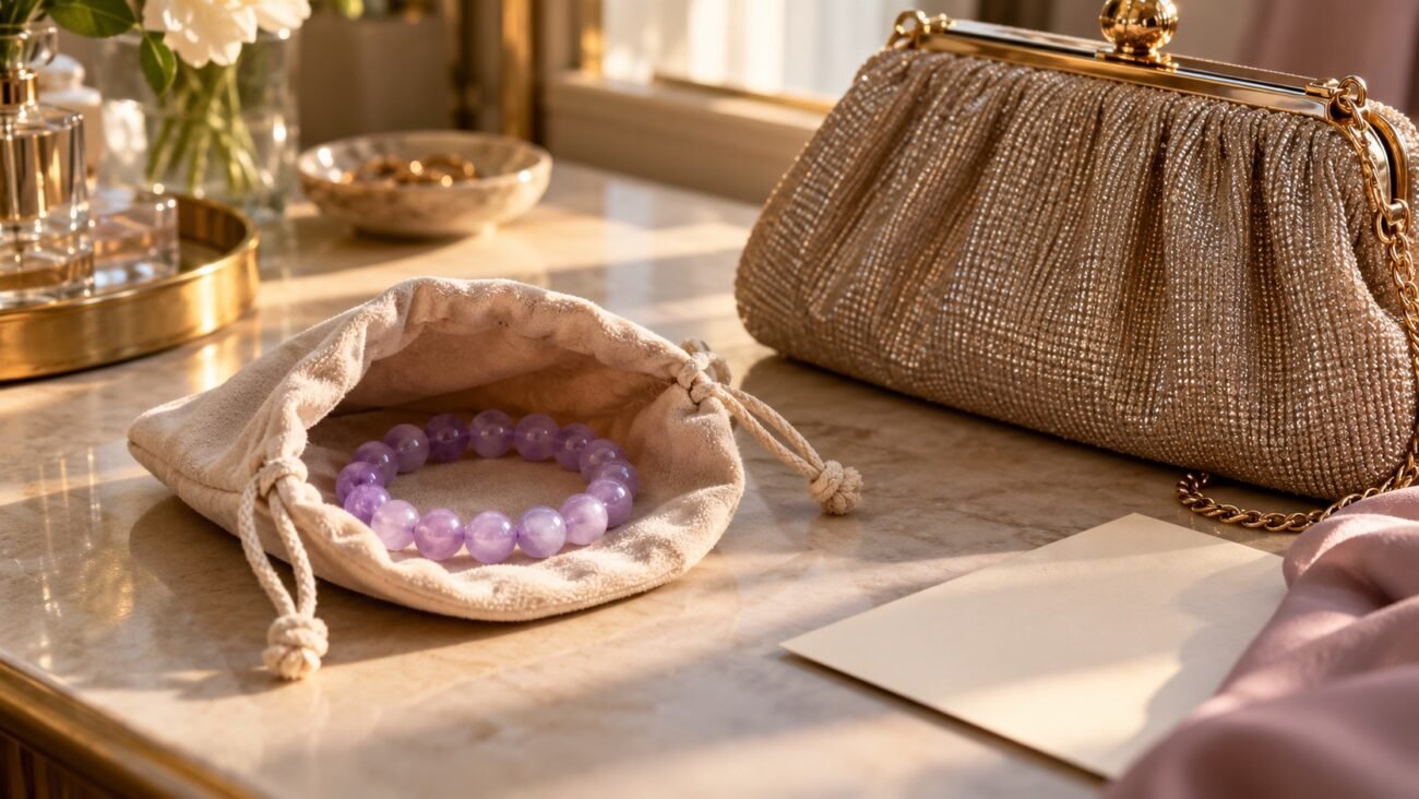 Peach gemstone bracelet in a fabric pouch inside a gift box beside a blank card and a sealed plain envelope
