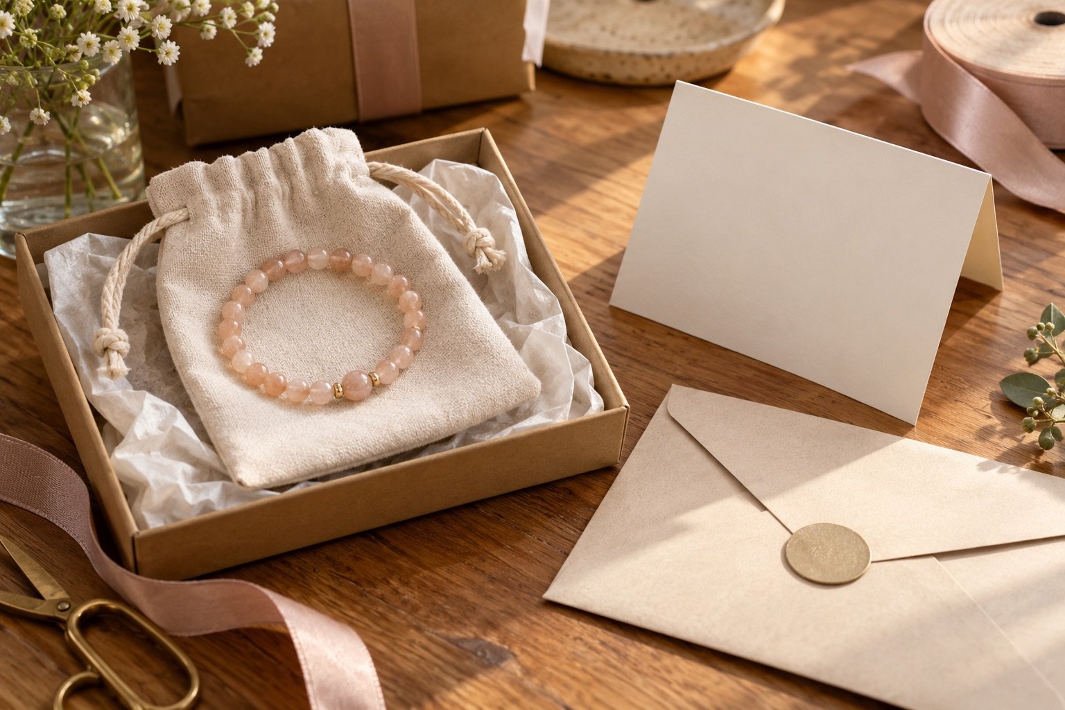 Lavender gemstone bracelet inside an open cloth pouch beside a small evening handbag on a dressing table