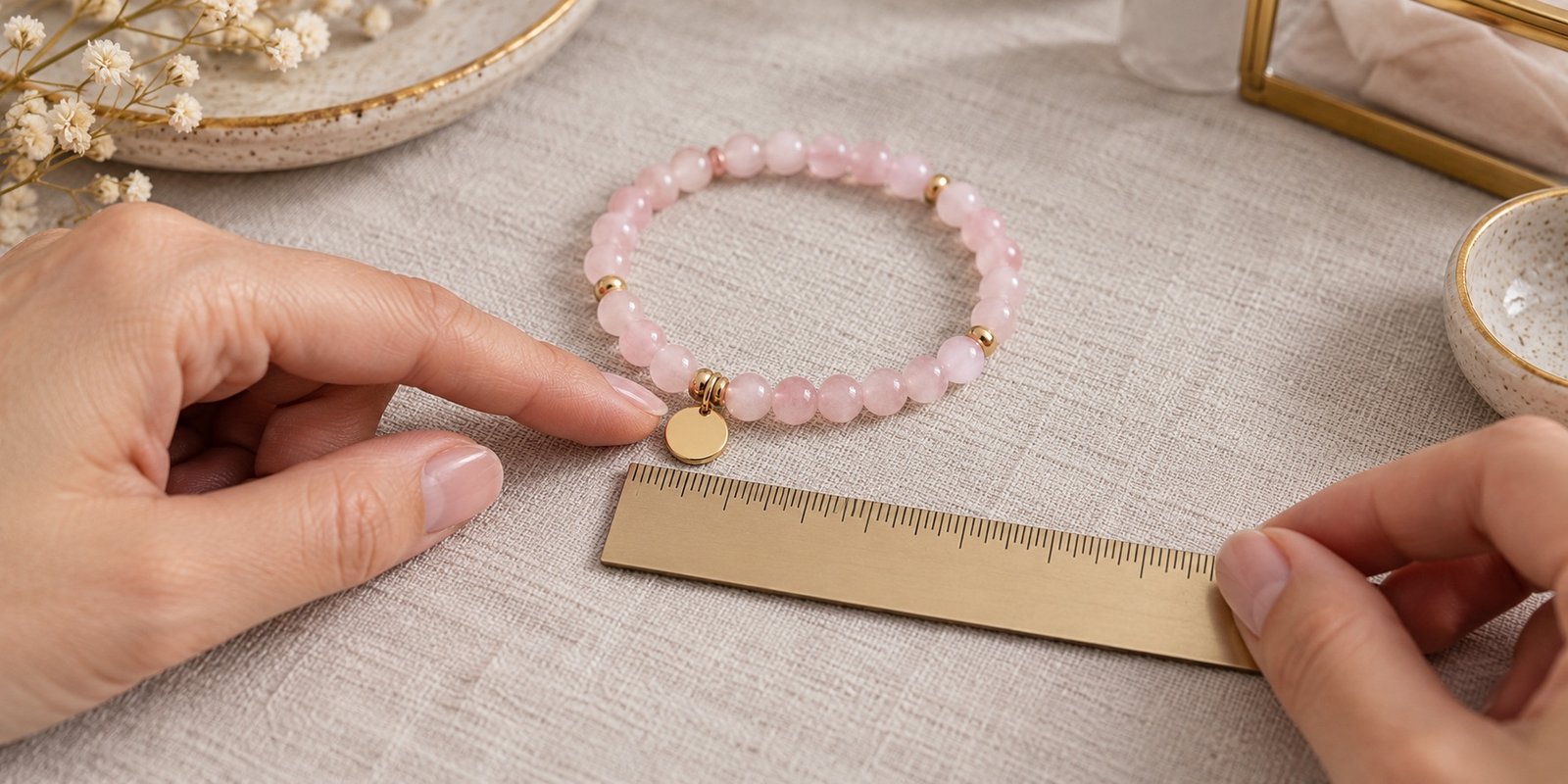 Hands indicating a small gold-tone charm on a pink bead bracelet beside an unnumbered ruler on linen
