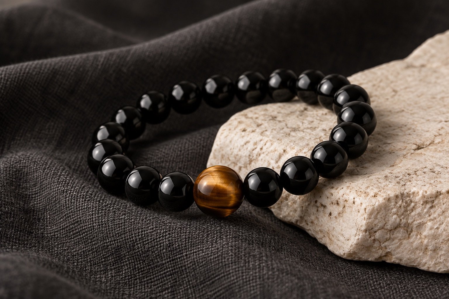 Illustrative glossy black bead bracelet with a single striped golden-brown focal bead on dark linen