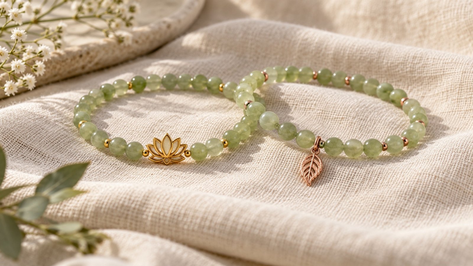Illustrative two pale green bead bracelets, one with an open gold-coloured lotus centrepiece and one with a rose-gold-coloured leaf charm