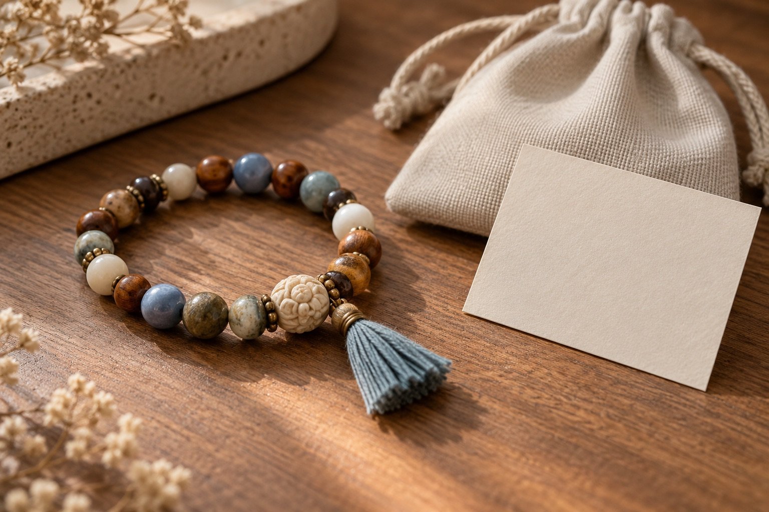 Illustrative multicolour bead bracelet with a carved-looking cream focal detail and blue-grey tassel beside a pouch and blank card