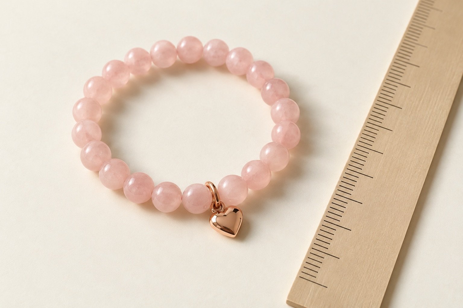 Illustrative pale pink bead bracelet with a small rose-gold-coloured heart charm beside an unnumbered ruler