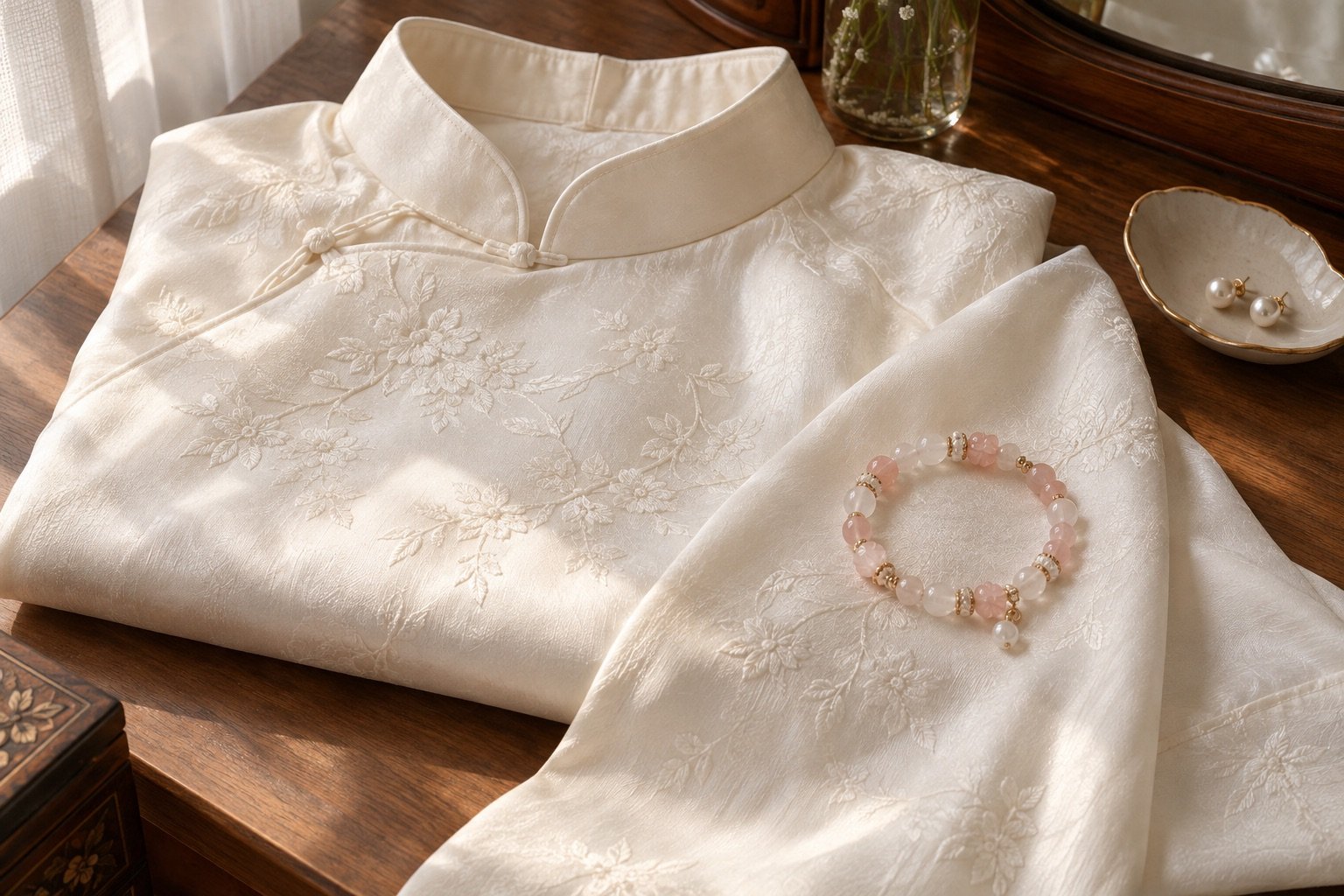 Pale pink and white beaded bracelet laid across the embroidered sleeve of an ivory ao dai-inspired outfit