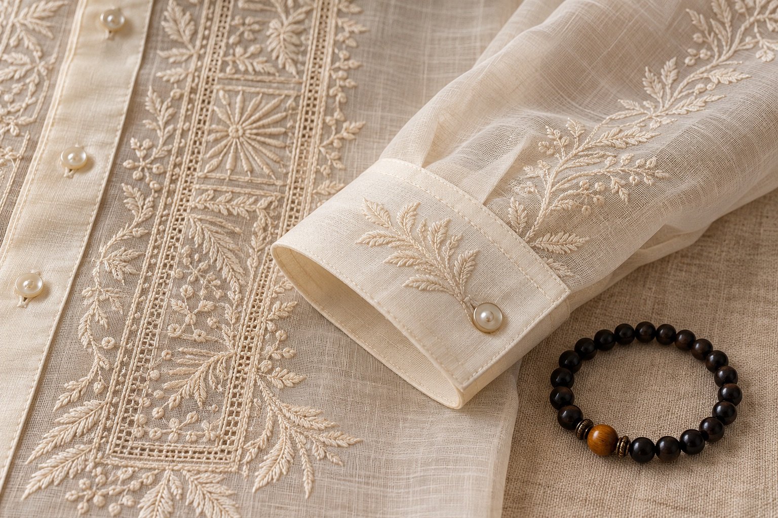 Dark beaded bracelet with one warm brown focal bead beside an embroidered cream Barong Tagalog cuff