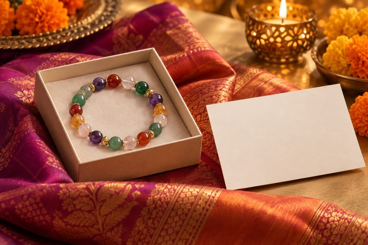 Multicolour beaded bracelet in a plain gift box beside jewel-tone fabric, marigolds and a blank card