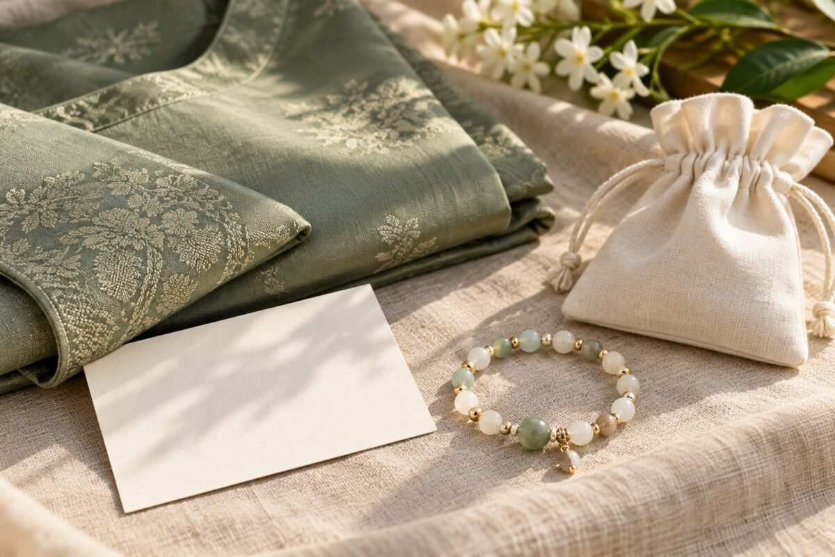 White and sage-green beaded bracelet beside a plain pouch, blank card and folded green festive outfit fabric