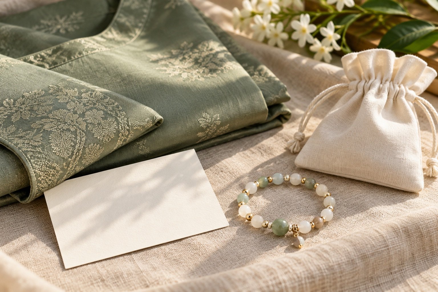 White and sage-green beaded bracelet beside a plain pouch, blank card and folded green festive outfit fabric