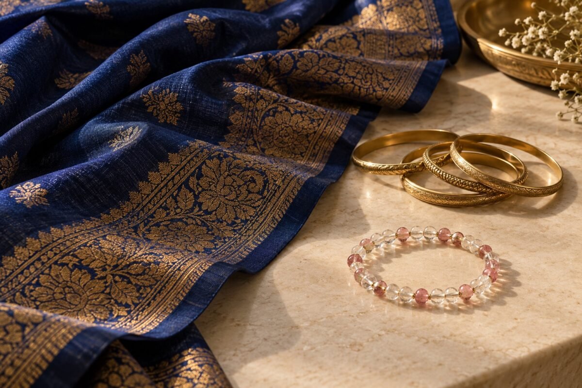 Clear and rose-coloured bead bracelet set apart from metal bangles beside an indigo and gold sari fabric