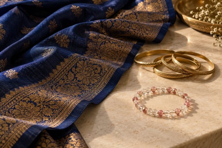 Clear and rose-coloured bead bracelet set apart from metal bangles beside an indigo and gold sari fabric