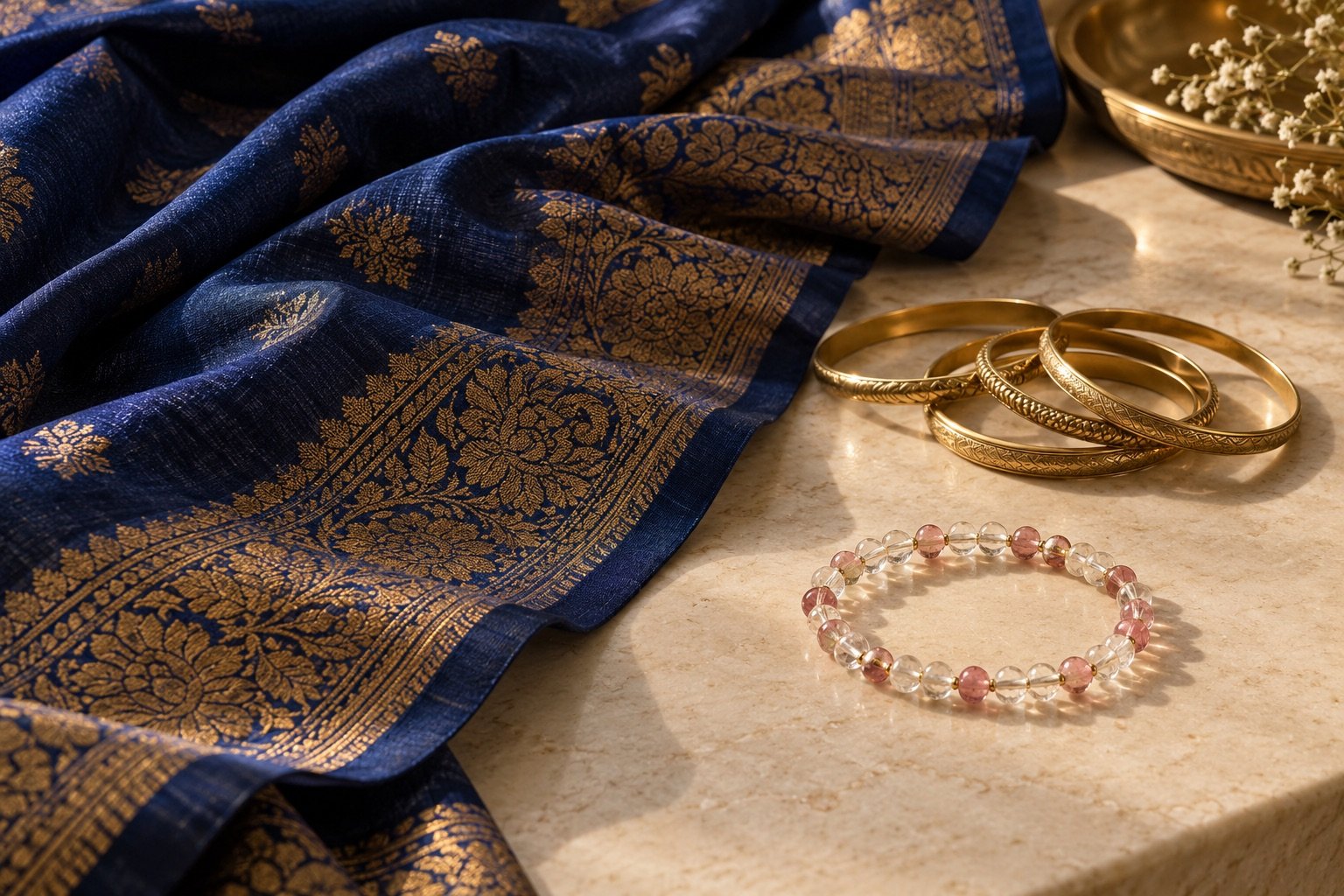 Clear and rose-coloured bead bracelet set apart from metal bangles beside an indigo and gold sari fabric