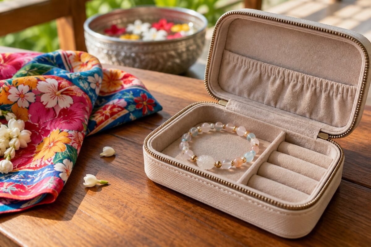 Beaded bracelet kept dry inside an open jewelry travel case beside a colorful scarf, with water blurred in the background