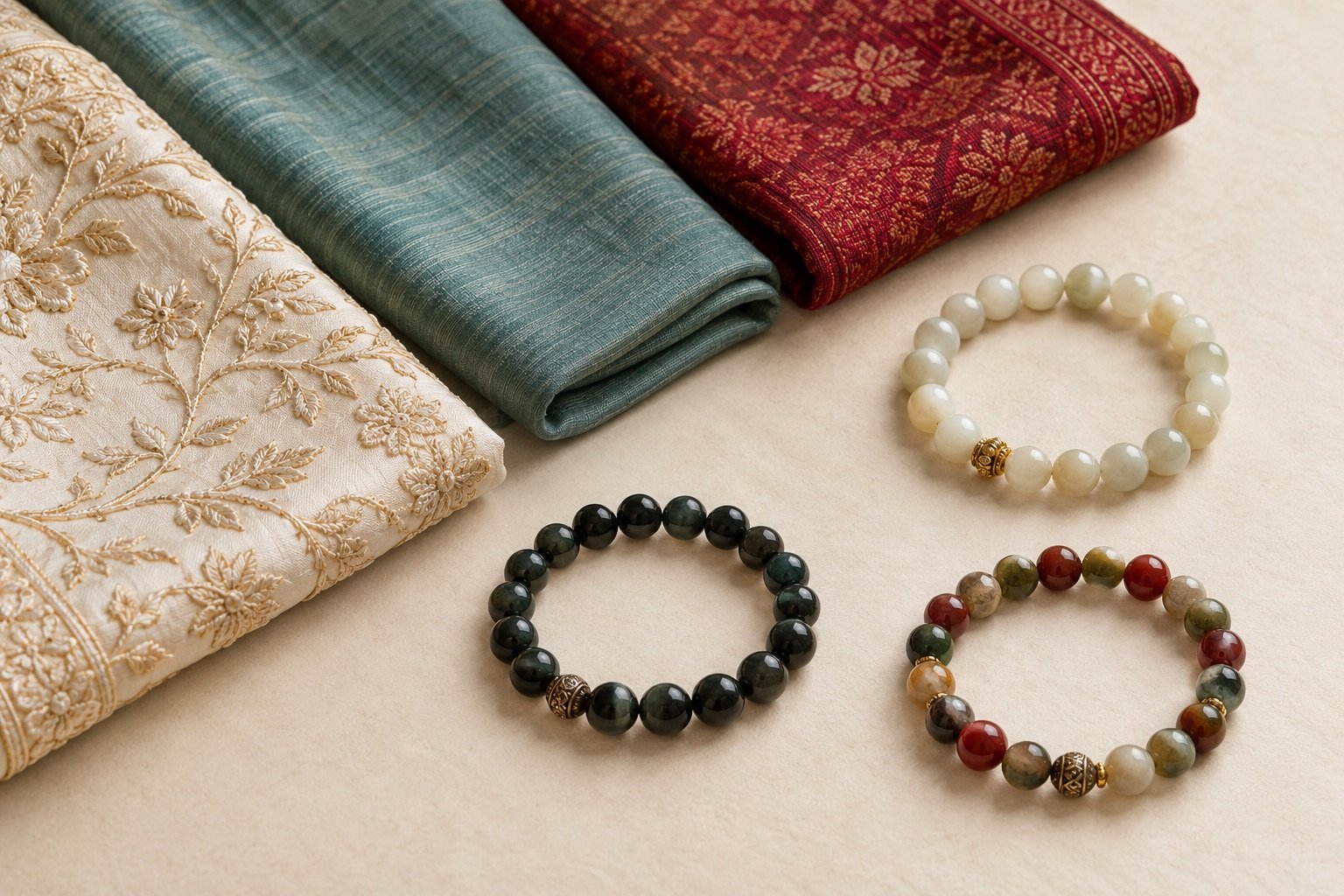 Three understated beaded bracelets beside ivory embroidered, muted teal and deep red woven fabric swatches
