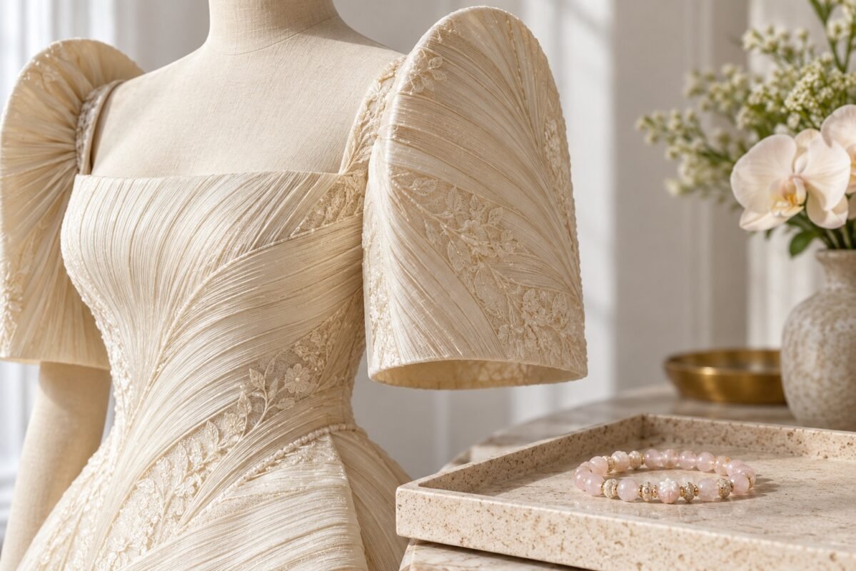 Ivory formal dress with structured butterfly sleeves beside a pale pink bead bracelet on a separate tray