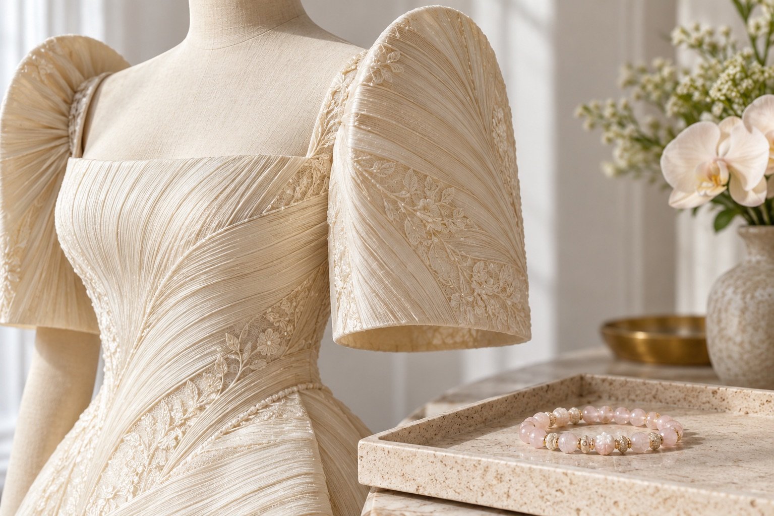 Ivory formal dress with structured butterfly sleeves beside a pale pink bead bracelet on a separate tray