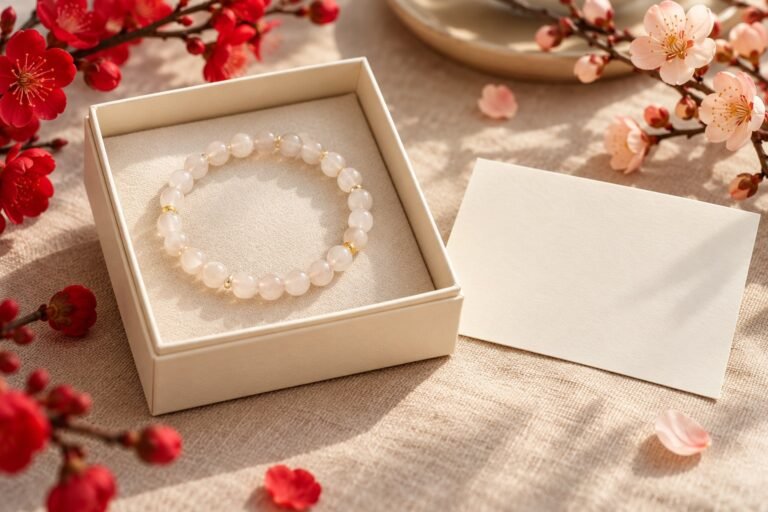 Pale beaded bracelet in a plain cream gift box beside a blank card and red and pink blossom branches