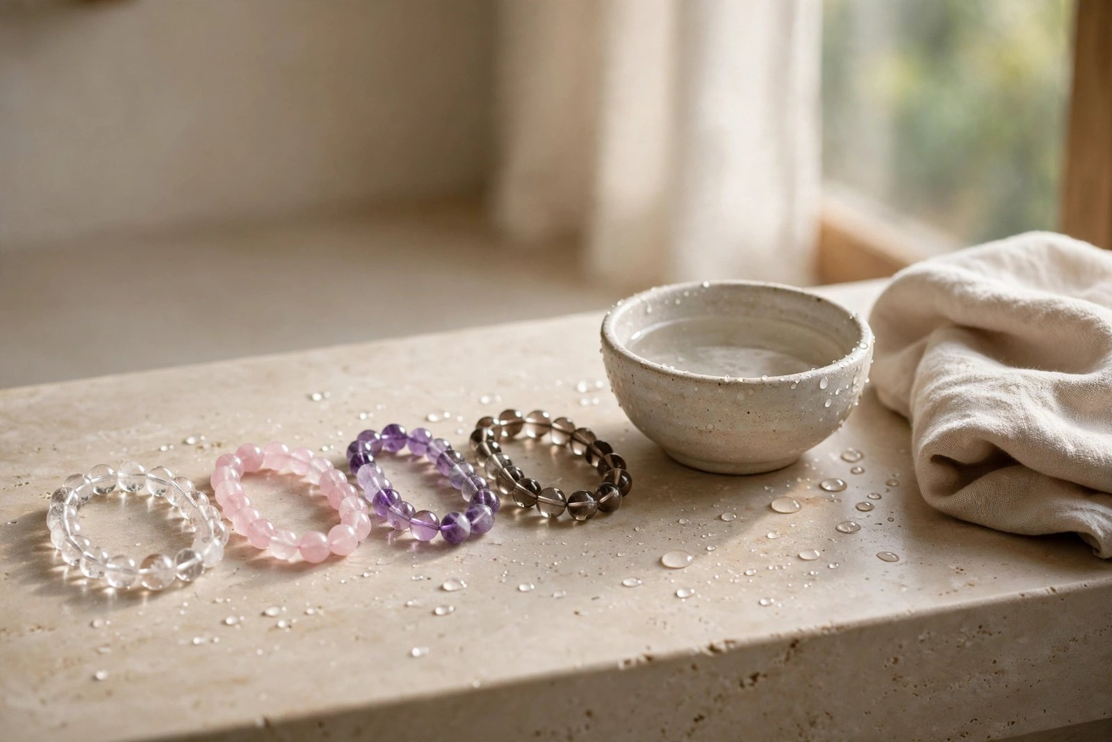 Crystal bracelets arranged beside a bowl of water with a chart of water-safe and sensitive stones on a bathroom counter