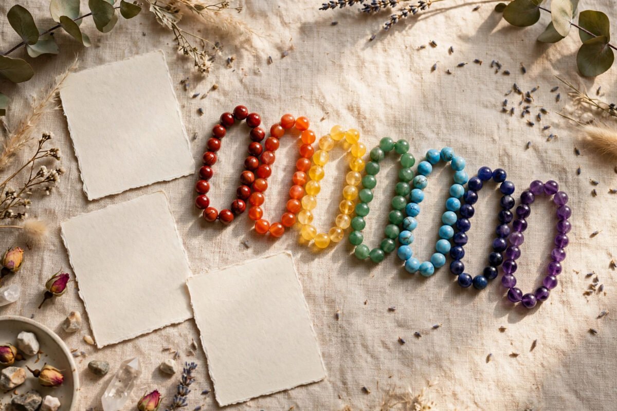 Seven chakra crystal bracelets in rainbow colors beside handwritten affirmation cards on linen