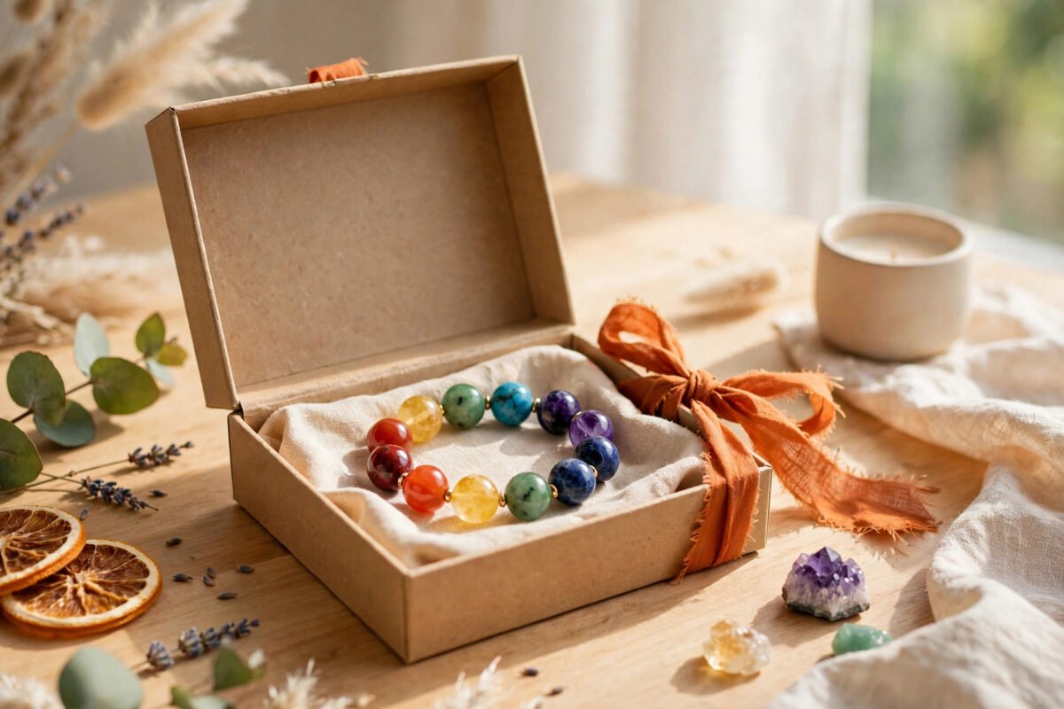 Colourful seven chakra crystal bracelet in a gift box with ribbon on a bright table
