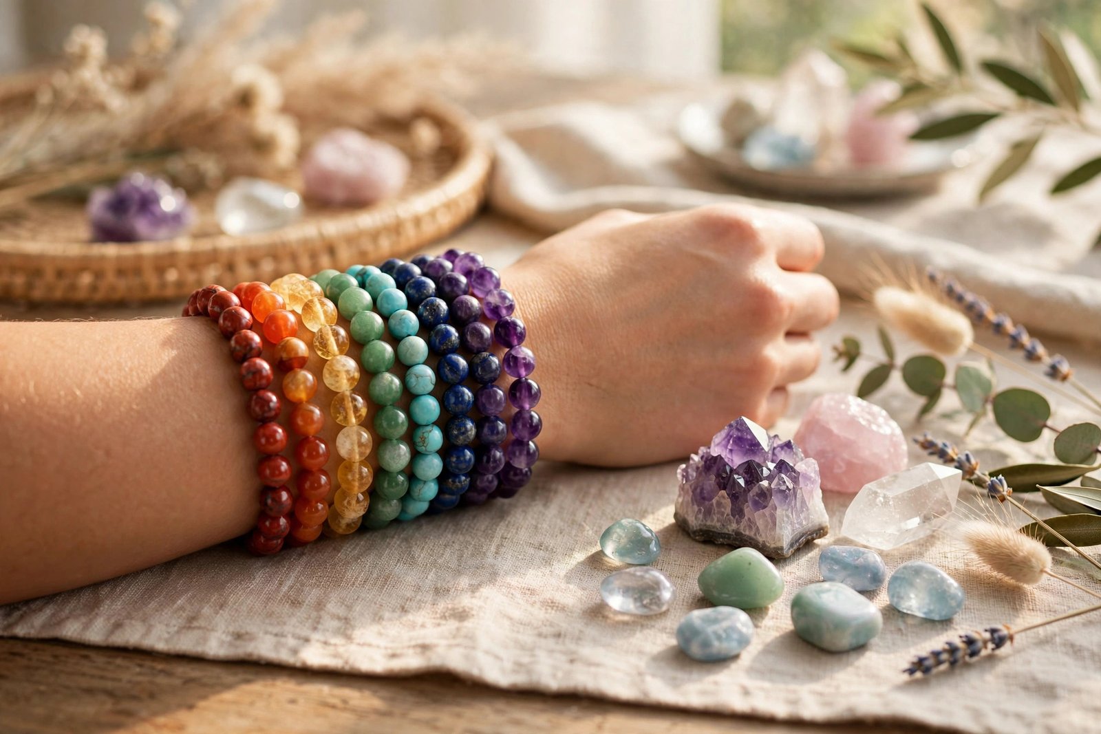Stack of chakra crystal bracelets in different colors layered on a wrist beside loose stones
