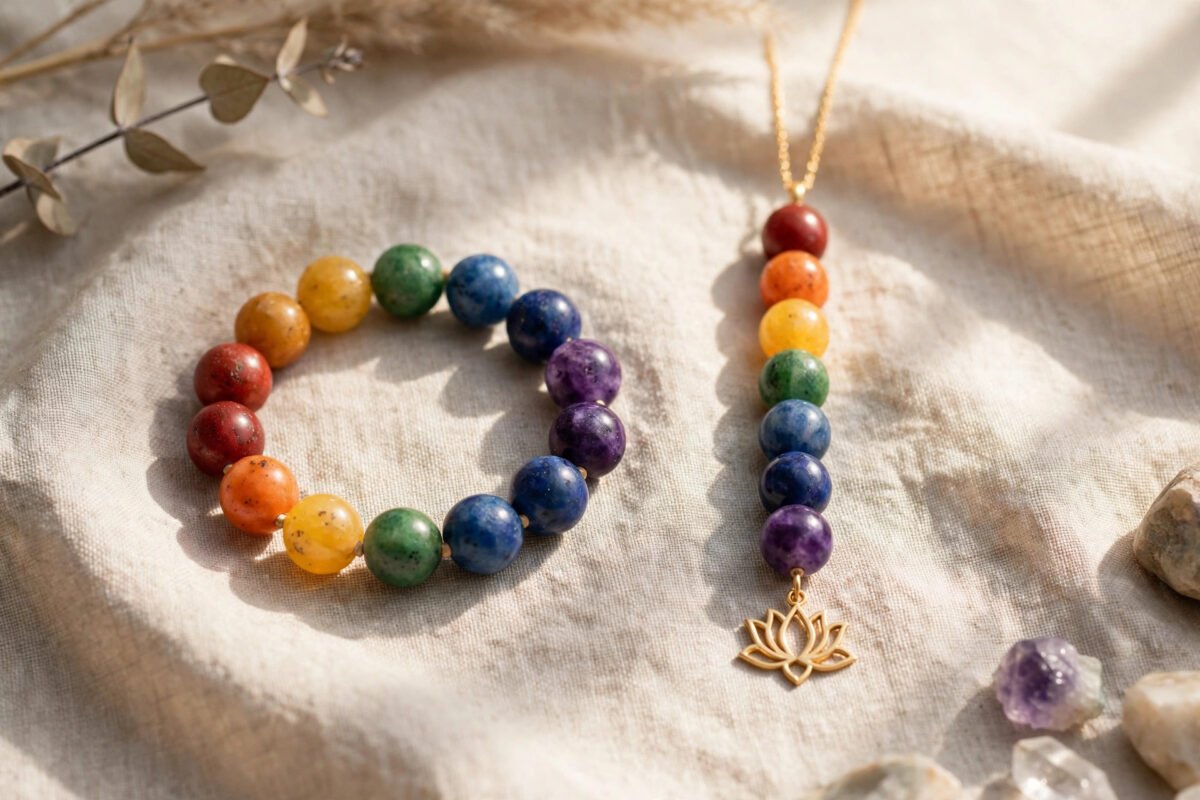 Chakra bead bracelet and matching pendant necklace side by side on neutral linen