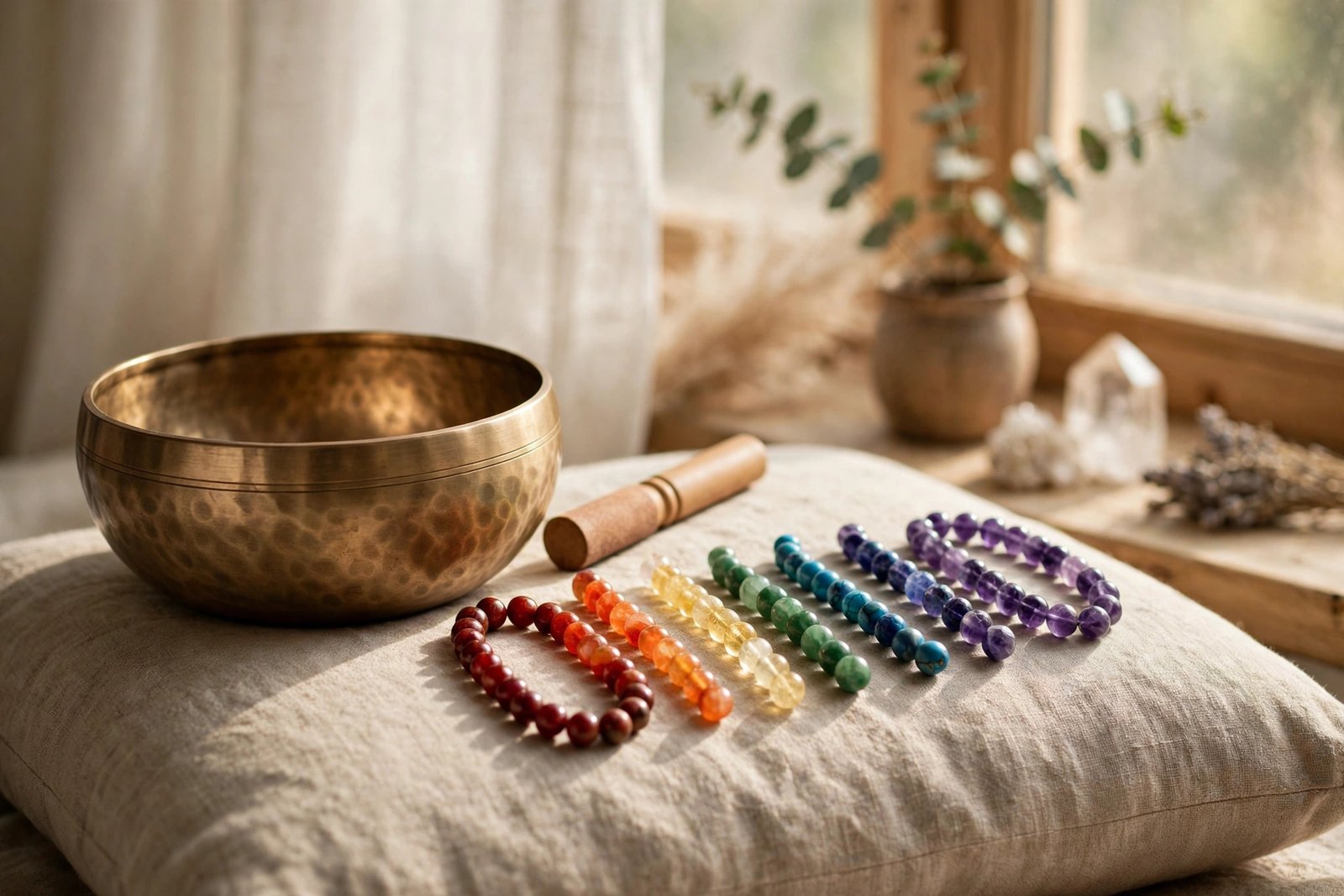 Brass singing bowl beside seven chakra crystal bracelets on a cushion in soft window light