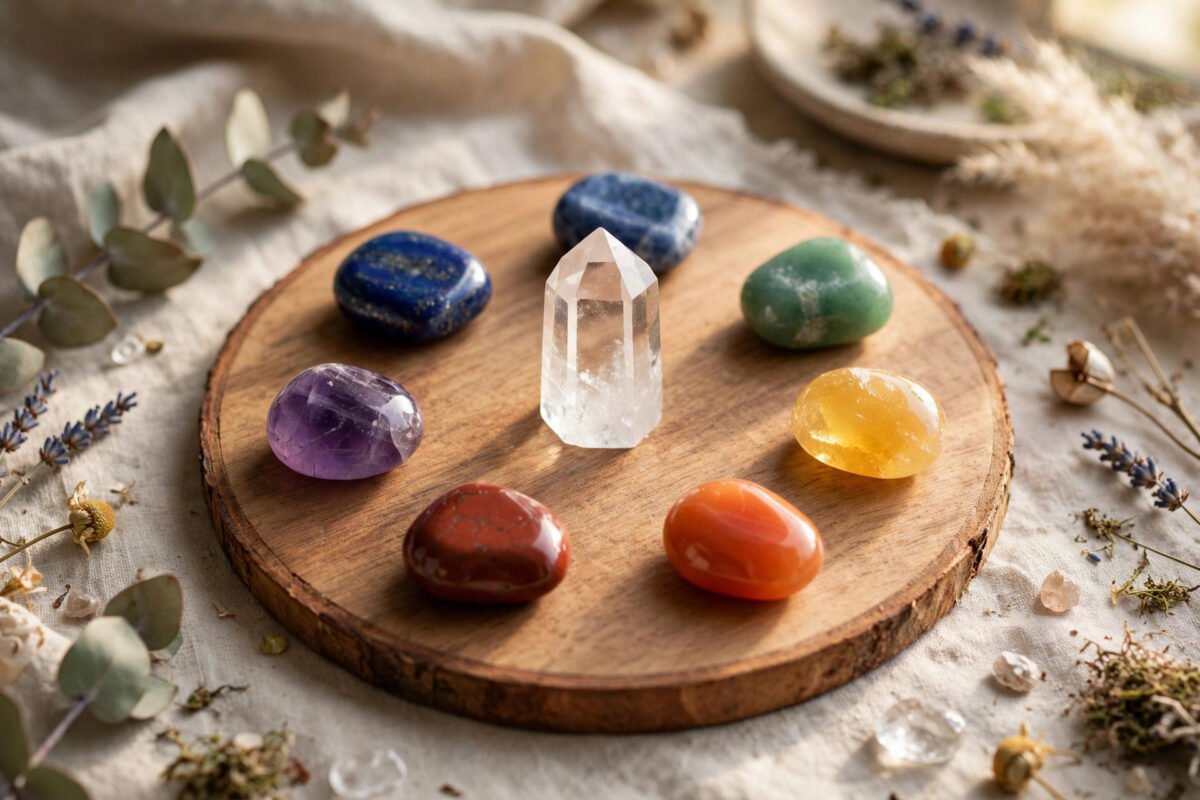 Crystal grid with seven chakra stones arranged in a circle around a clear quartz point on a wooden board