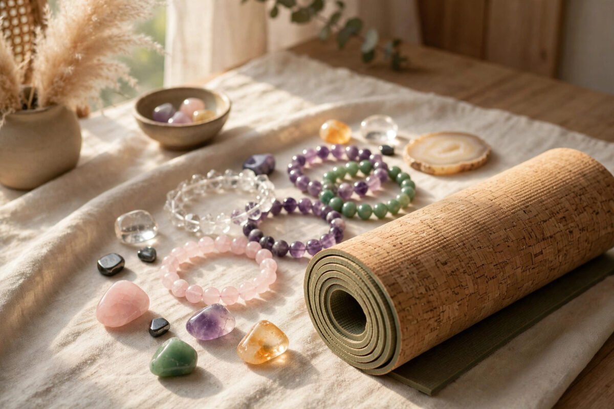 Crystal bracelets and tumbled stones arranged beside a rolled yoga mat in soft morning light