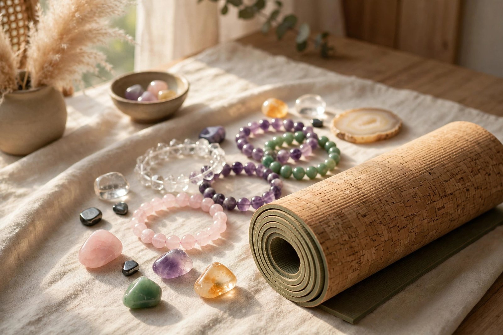Crystal bracelets and tumbled stones arranged beside a rolled yoga mat in soft morning light