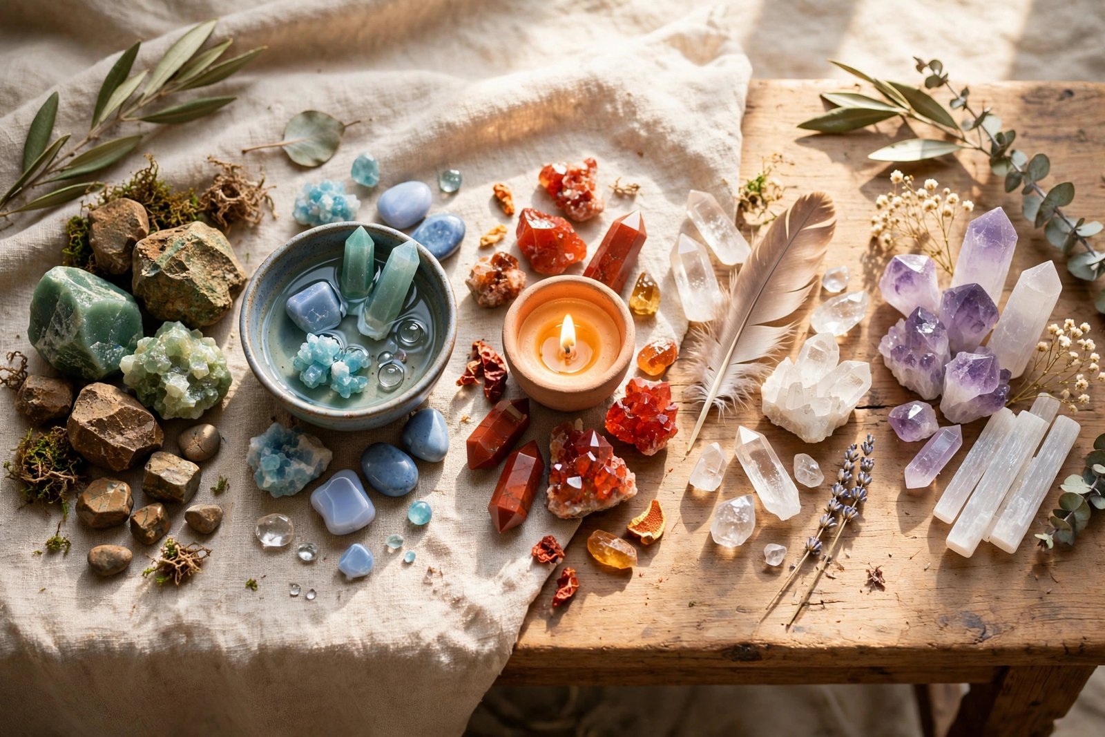 Crystals grouped by five elements with earth stones, water bowl, candle flame and feather on a table