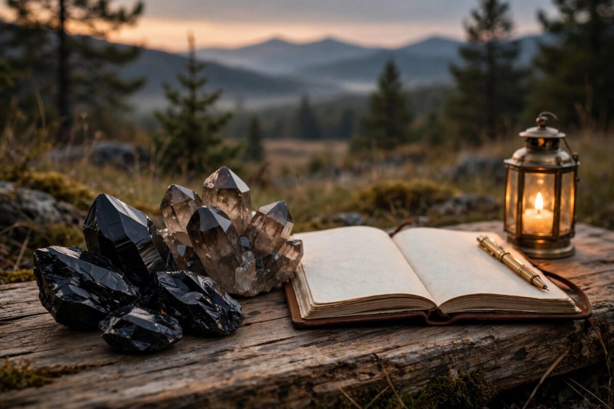 Dark obsidian and smoky quartz crystals beside an open journal and pen in warm lamplight