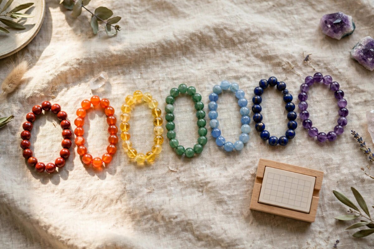 Seven crystal bracelets laid out in a weekly row with small day labels and a calendar nearby