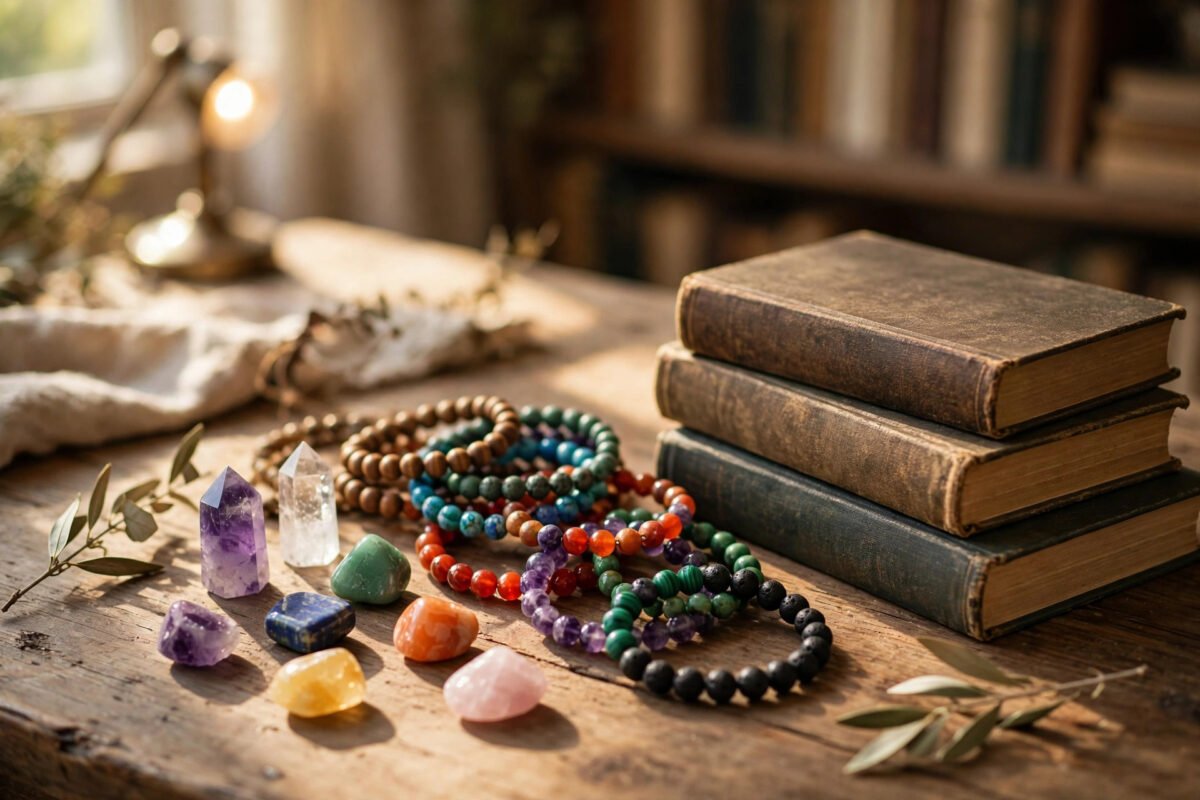 Assorted chakra crystals and bracelets arranged with books on world traditions in warm library light