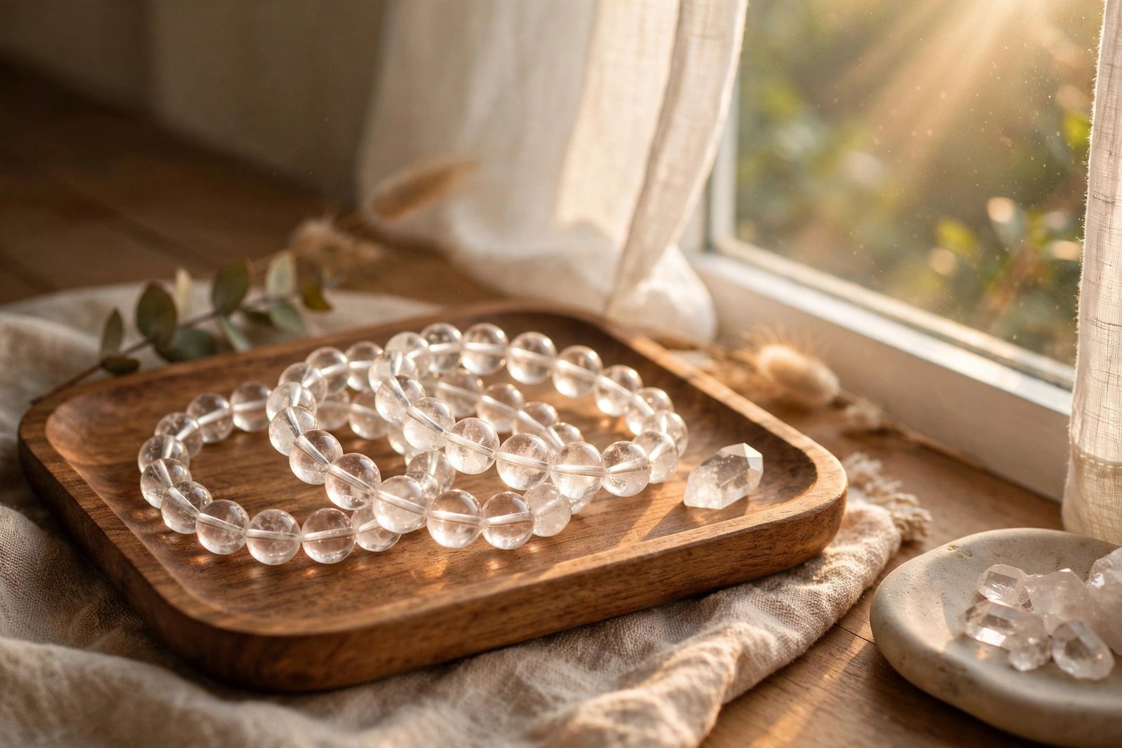 Clear quartz crystal bracelets charging in warm morning sunlight on a wooden tray by a window