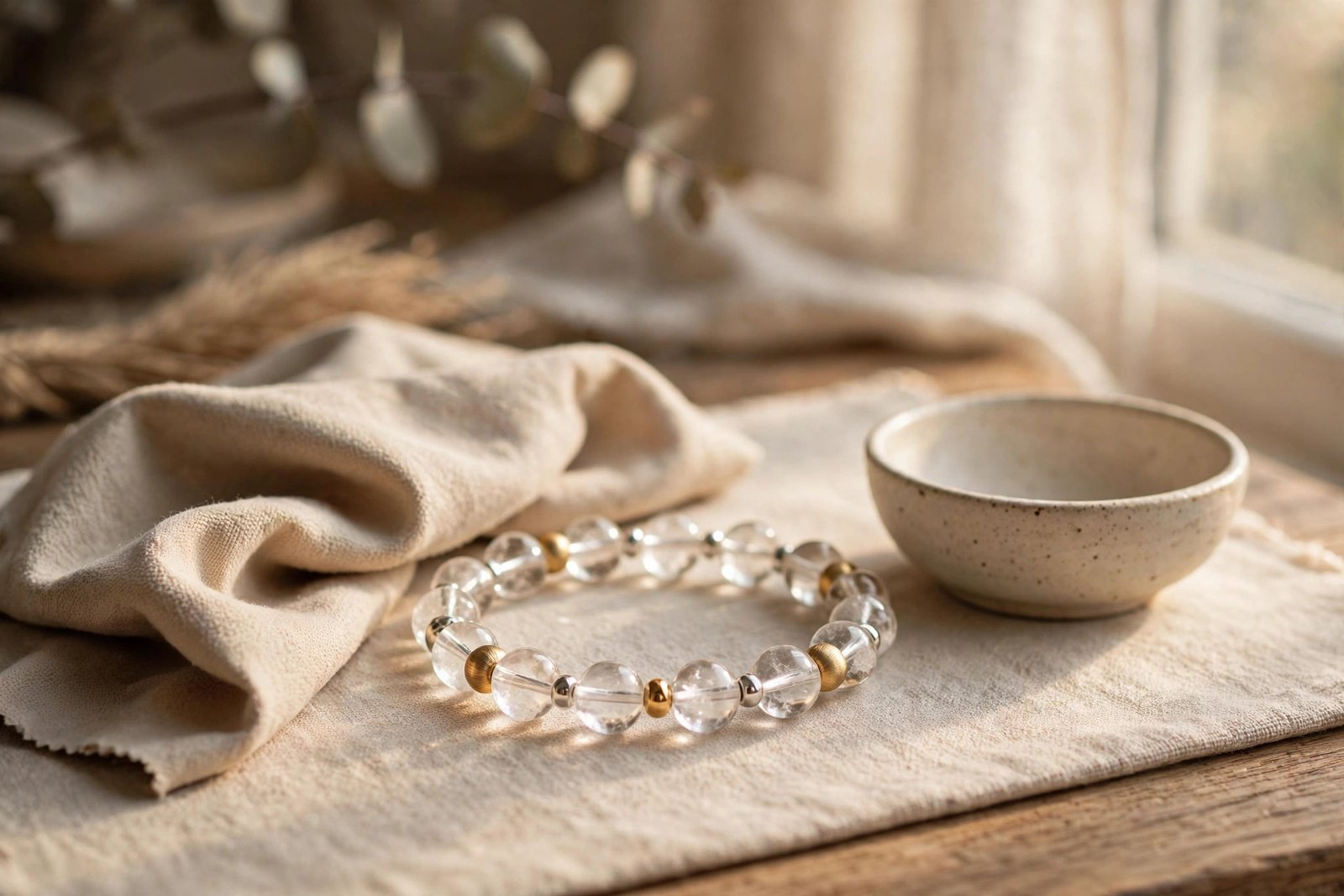 Crystal bracelet with silver spacer beads beside a soft polishing cloth and small bowl