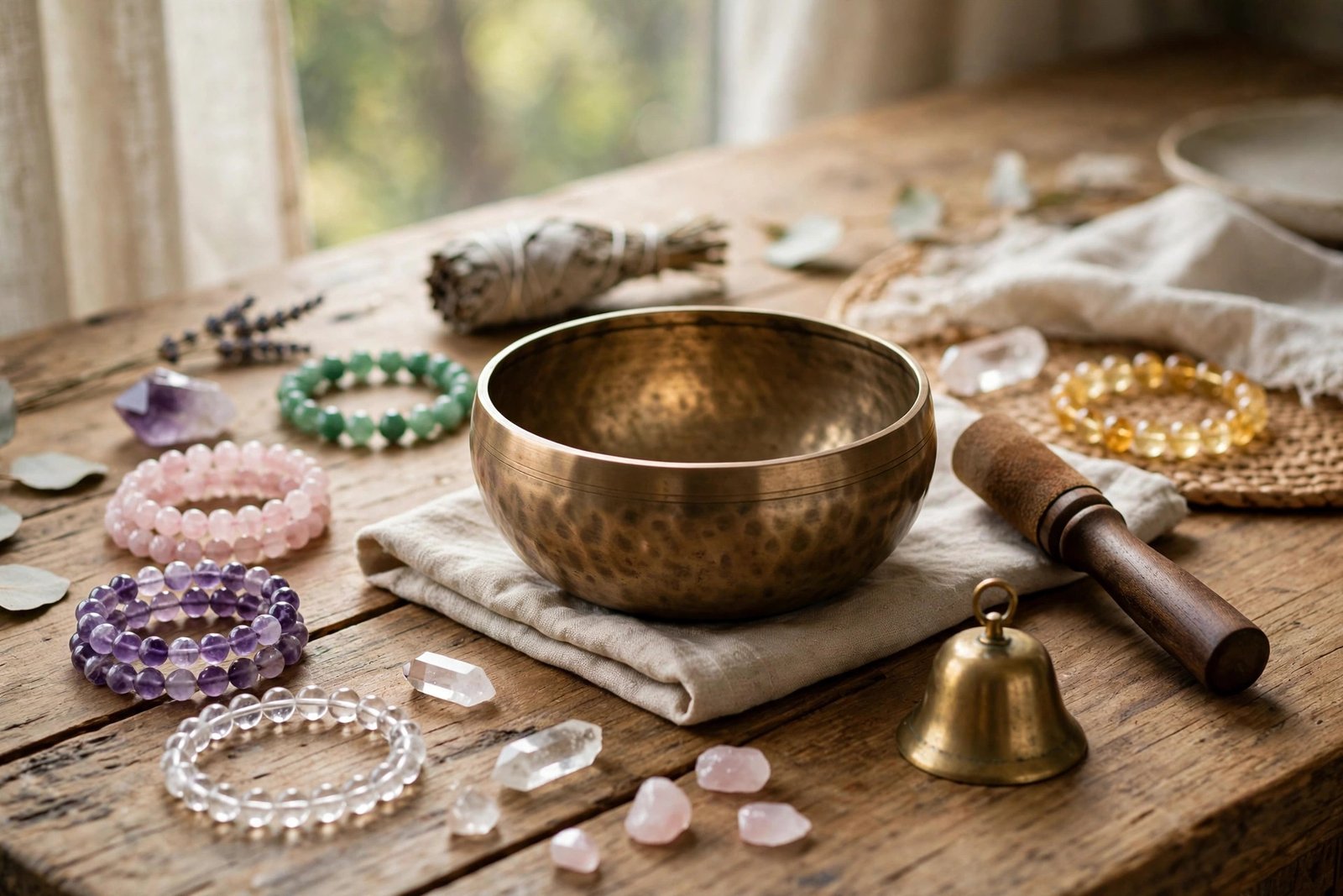 Crystal bracelets arranged around a brass singing bowl and bell on a wooden table