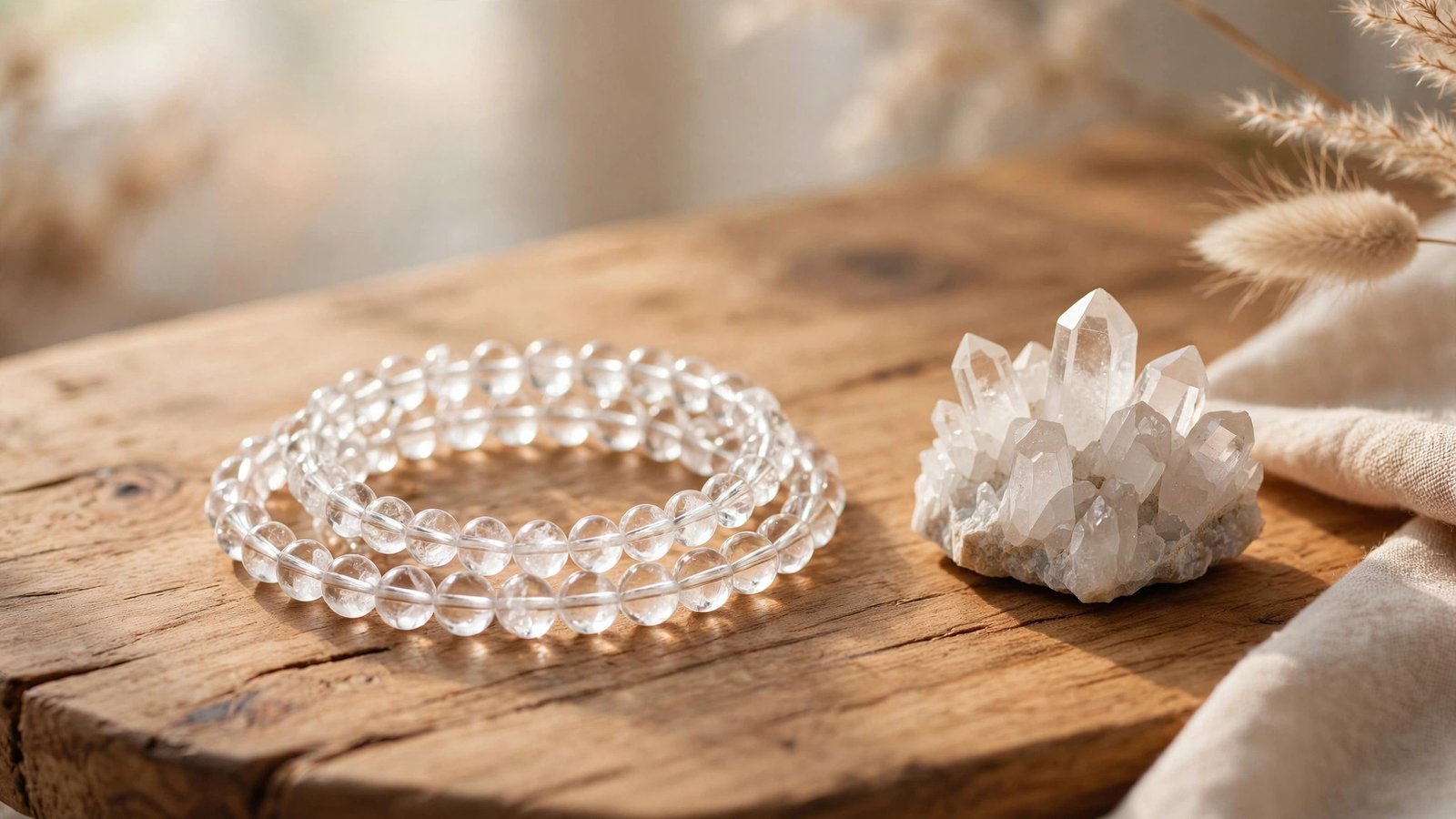 Clear quartz master healer meaning shown by a transparent crystal bracelet in warm daylight