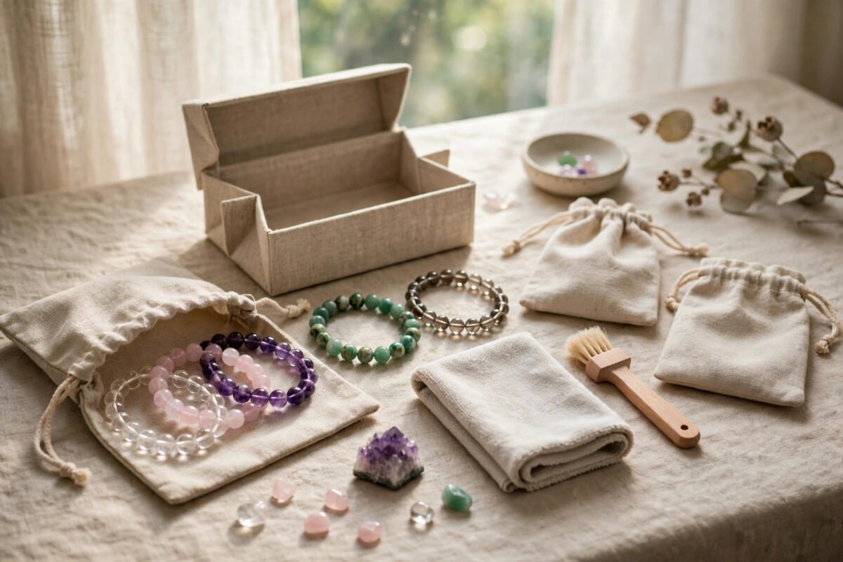 Complete crystal bracelet care kit with pouches, cloth, brush and several crystal bracelets