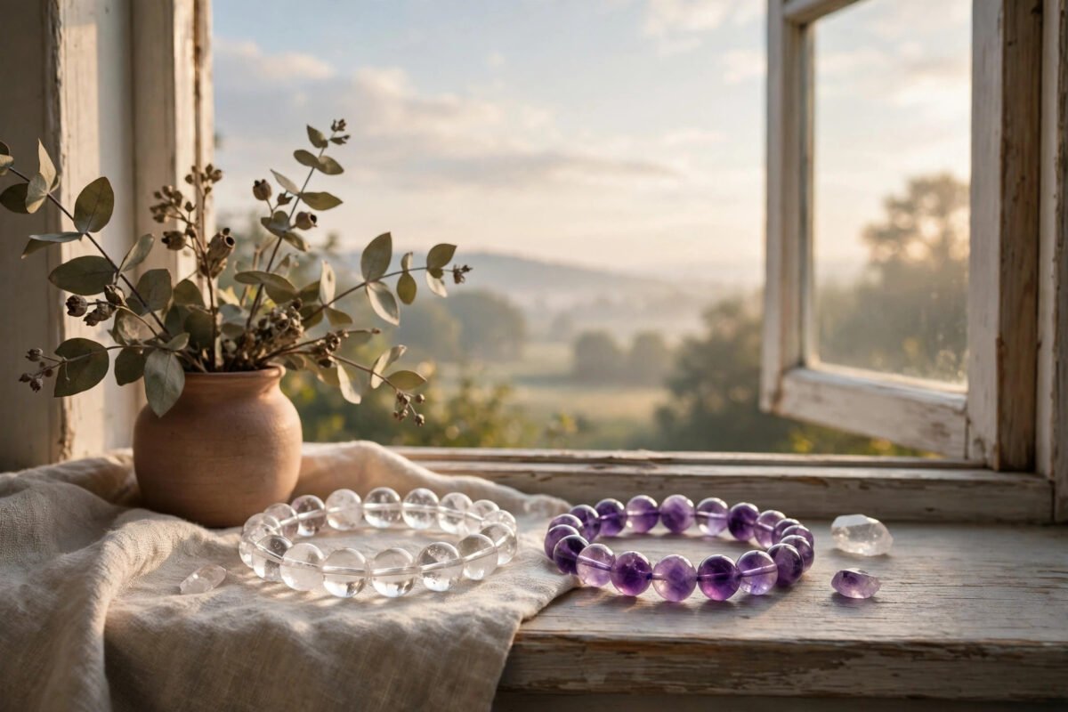 Clear quartz and amethyst bracelets on a windowsill overlooking a calm morning sky with soft white light