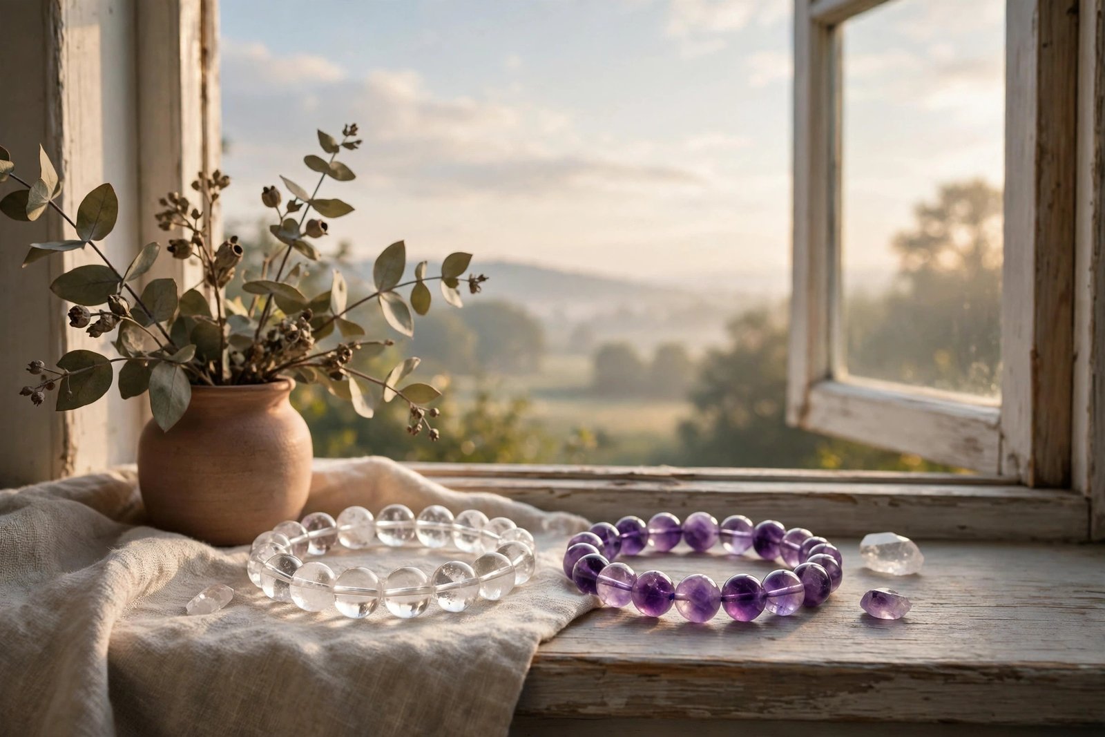 Clear quartz and amethyst bracelets on a windowsill overlooking a calm morning sky with soft white light