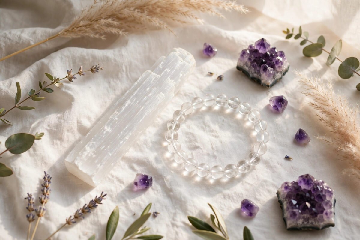 Selenite wand and clear quartz bracelet arranged on white linen with soft diffused light and violet amethyst accents