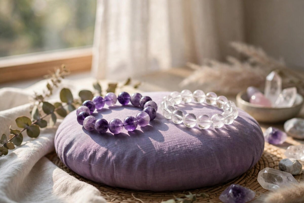 Amethyst and clear quartz bracelets on a meditation cushion in soft violet morning light