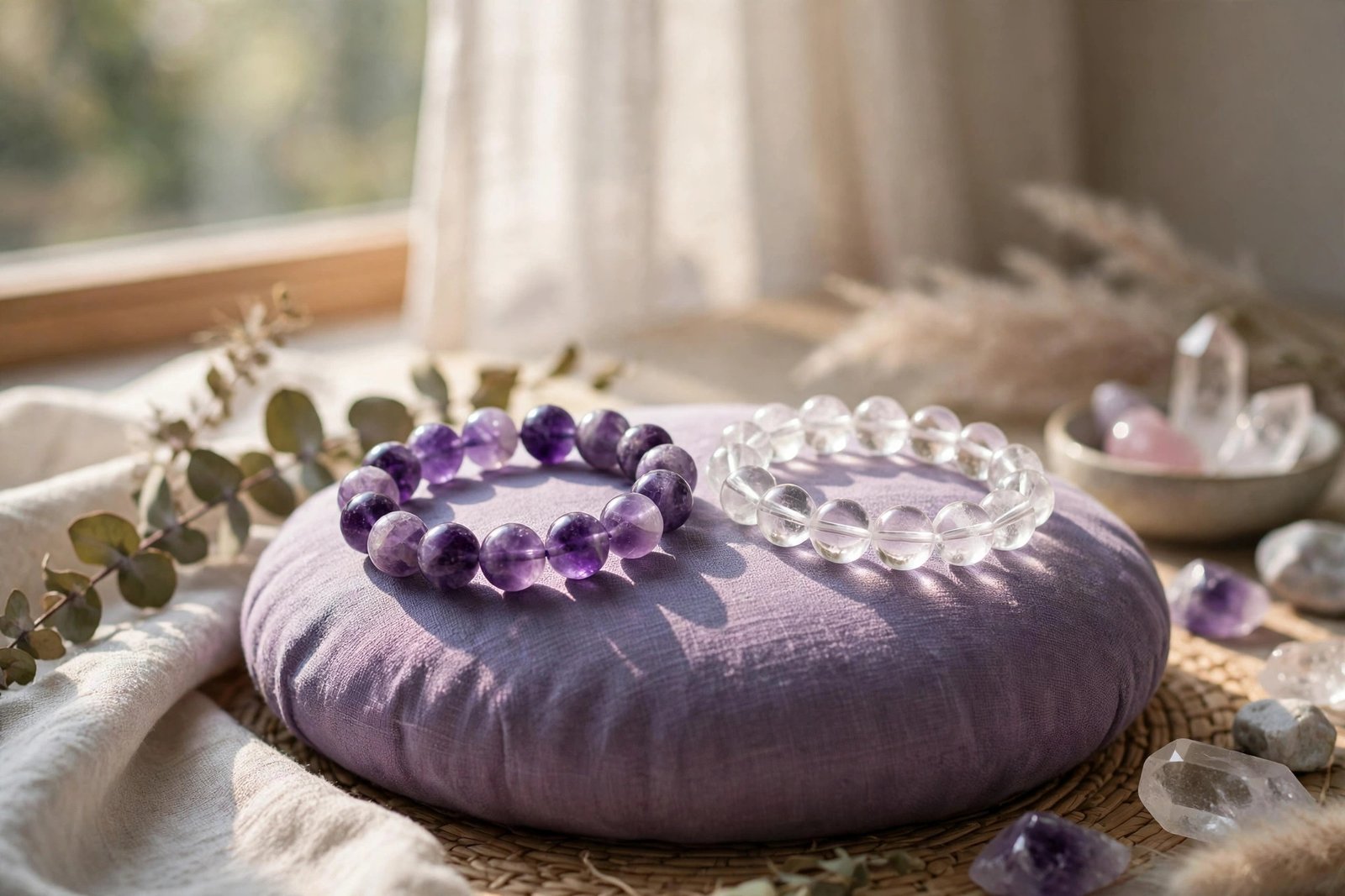 Amethyst and clear quartz bracelets on a meditation cushion in soft violet morning light