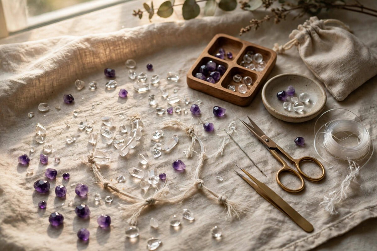 Broken crystal bracelet with scattered beads and elastic cord beside tools for restringing on a linen cloth