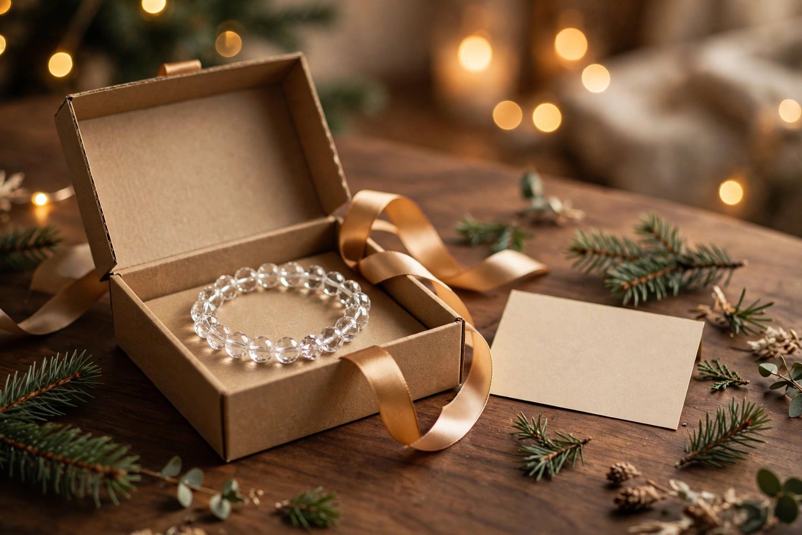 Crystal bracelet in a kraft gift box with ribbon and card
