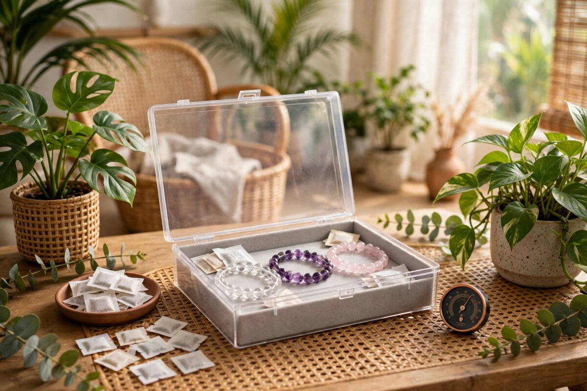 Crystal bracelets stored with silica gel packets in a dry box beside a hygrometer in a bright tropical home