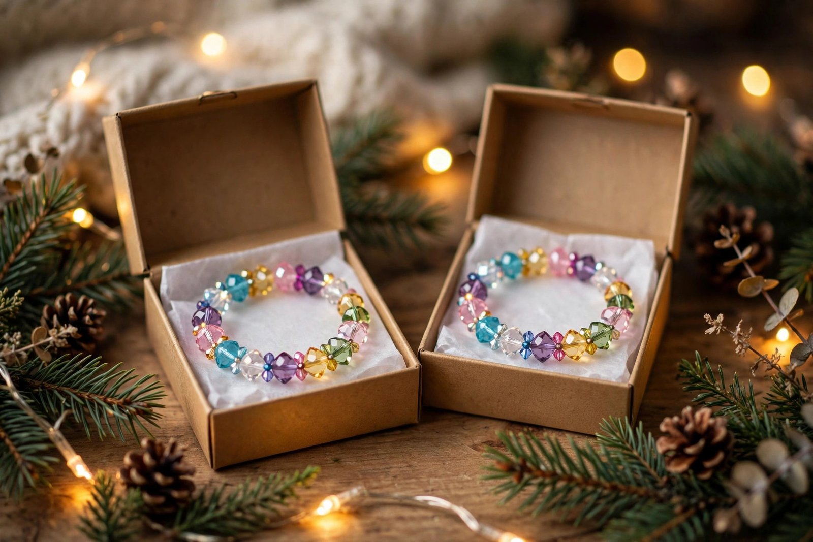 Matching crystal friendship bracelets in Christmas gift boxes for best friends